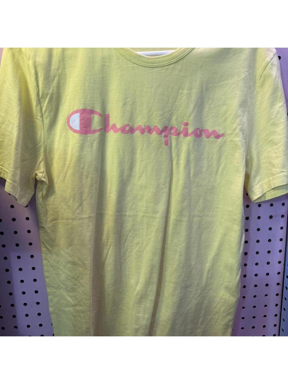 Vintage yellow Champion T-shirt with pink logo. Size M/L
